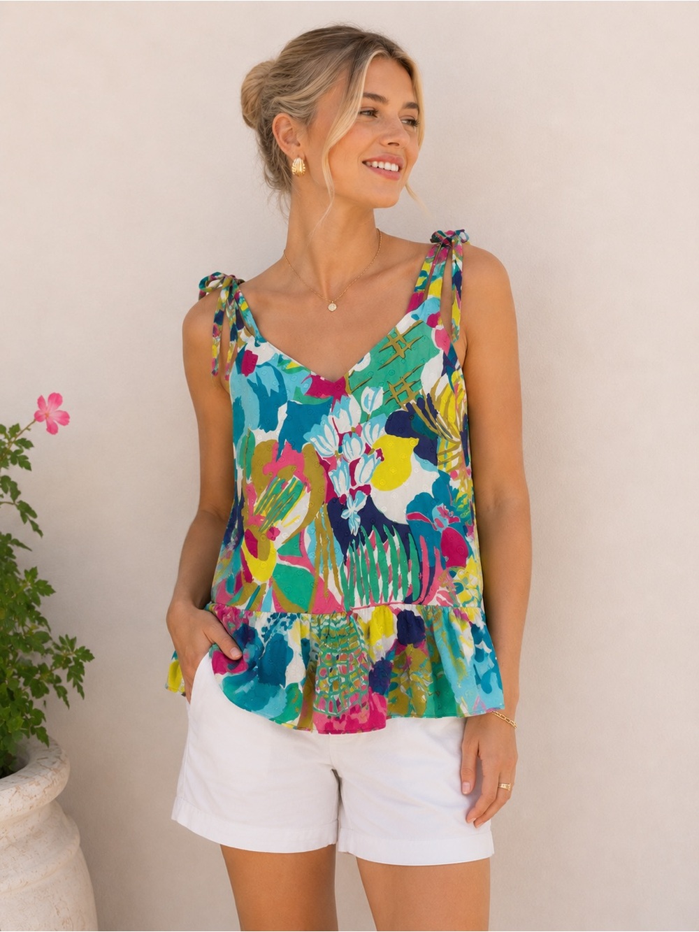 J. Crew Tie Strap Tropical Floral‎ Peplum Tank Preppy Vacation Garden